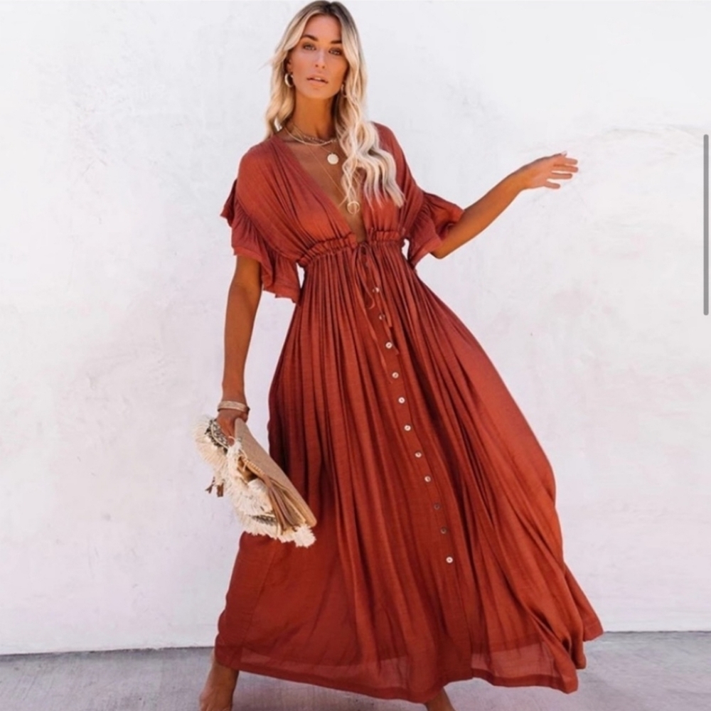 NEW Boho Chic Maxi Deep Plunge Cover Up Dress Gauze Rust Copper Red Orange - Picture 2 of 13